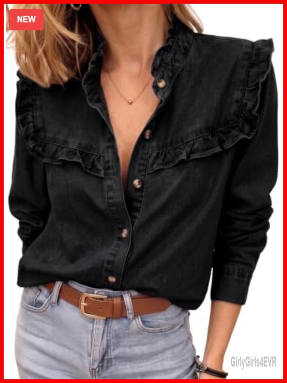 Ruffle Collar Denim Chambray Button Down Shirt V-Neck Long Sleeve